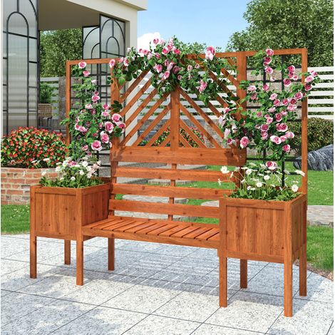 Pflanzkübel 170x42x145 cm dunkelbraun Massivholz Tanne mit Spalier und Sitzfläche (1/5)