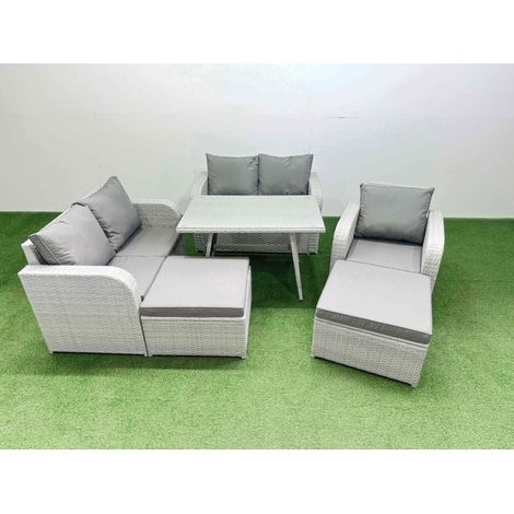 Fimous 7 Seater Outdoor Rattan Garden Furniture Set Love Sofa Reclining Chair Set with Rectangular Dining Table 2 Big Footstools Light Grey (1/4)
