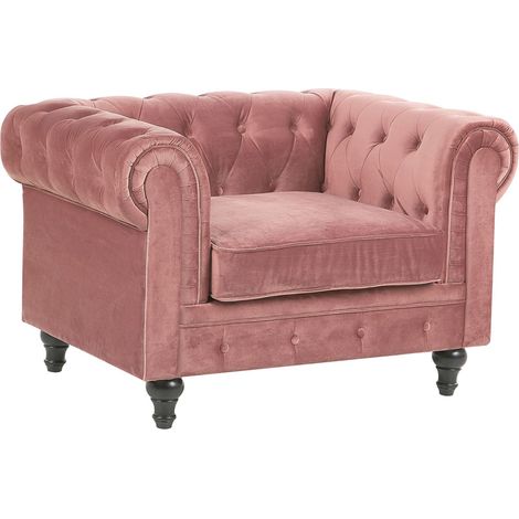 Sillón Chesterfield tapizado en tela de terciopelo rosa patas de madera oscura estilo contemporáneo Chesterfield