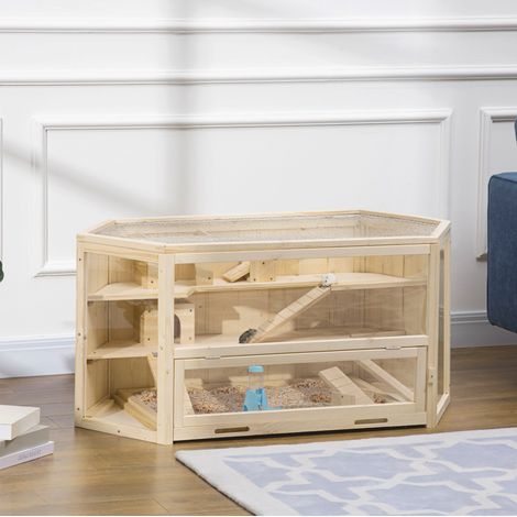 Hamsterkäfig 115x60x55 cm aus Naturholz mit aufklappbarem Dach und Rampe – MEUBLIV (1/5)
