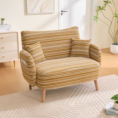 Sofá de 2 plazas (121x81.5x87 cm), con bolsillos laterales, respaldo acolchado, patas de madera, bouclé mostaza (1/5)