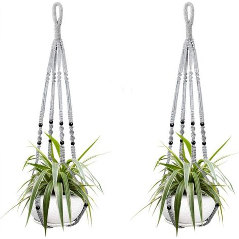 Two hanging baskets for indoor plants, made of grey cotton rope, 98 cm long, decorated with wooden beads. Hooks not included.