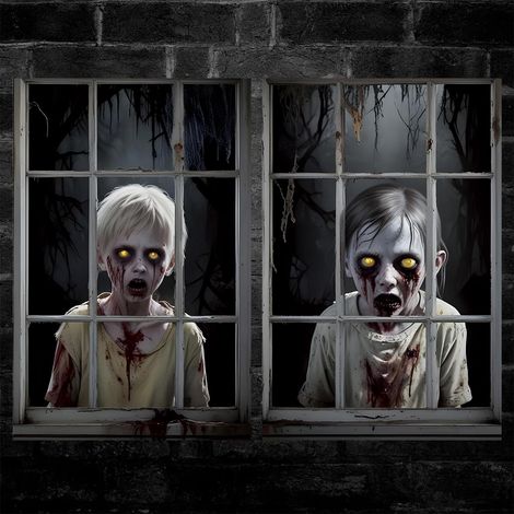 Décorations d'Halloween pour fenêtres : rideaux, guirlandes, fanions pour une fête d'Halloween en extérieur (2 pièces) - 80 x 120 cm - NG-19