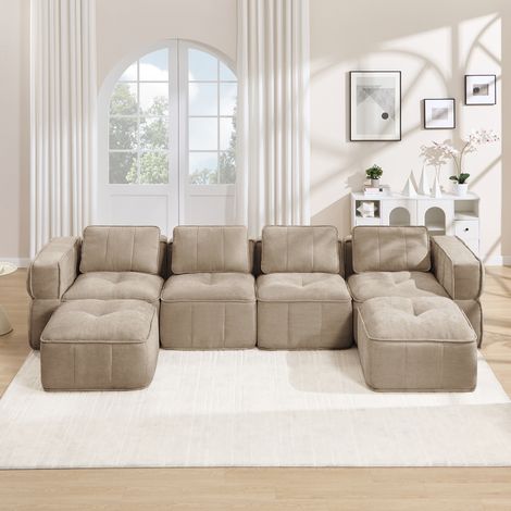 Sofá modular de 4 plazas sin marco en forma de U con 2 otomanas, espuma de alta densidad 32D, tapicería de tela suave y cómoda, antideslizante, para sala de estar, no requiere montaje, color arena. (1/5)