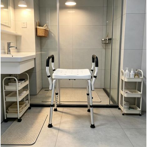 Chaise de douche réglable en hauteur avec accoudoirs, aluminium et PEHD, 150 kg (1/5)