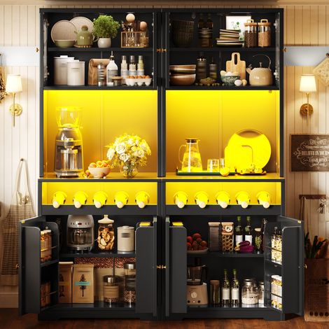 Ensemble composé de 2 buffets hauts noirs 180 cm, chacun avec App-RGB-LED, portes vitrées, casier à vin & anti-basculement, étagères réglables, buffet de cuisine, meuble de rangement (1/5)