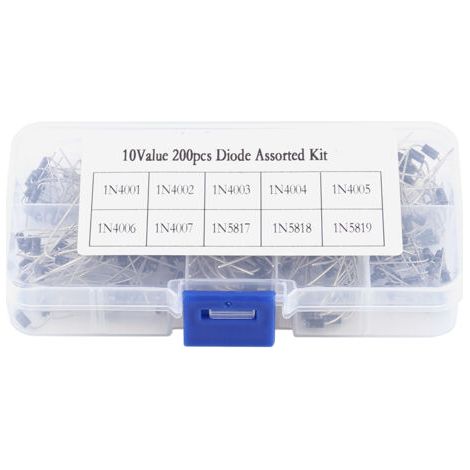 Kit électronique d'assortiment de 200 diodes redresseuses (10 valeurs) : 1N4001 à 1N4007 et 1N5817 à 1N5819, avec boîte. (1/5)