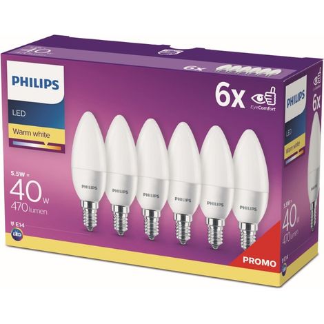 Philips LED E14 Ampoule Flamme (B35) Dépolie 40W Non dimmable Lumière blanche chaude - 6 pièces (1/3)