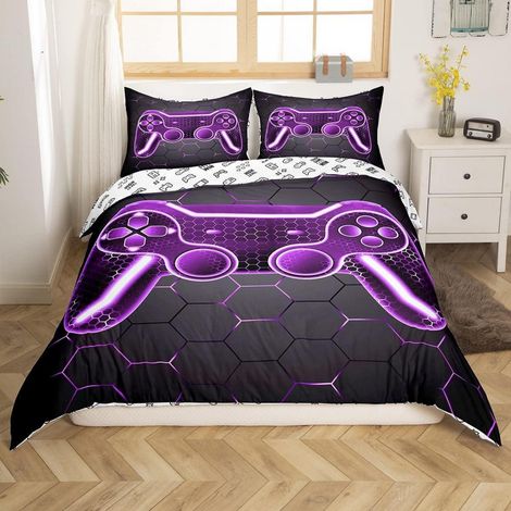 Bettwäsche-Set 200x200cm mit Game Controller Motiv, Wendbar, Lila/Schwarz