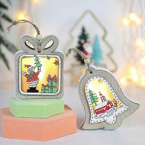 Décorations de Noël, petit sapin de Noël lumineux en bois, boîte cadeau de Noël, pendentif, agencement de décorations de sapin de Noël (1/5)