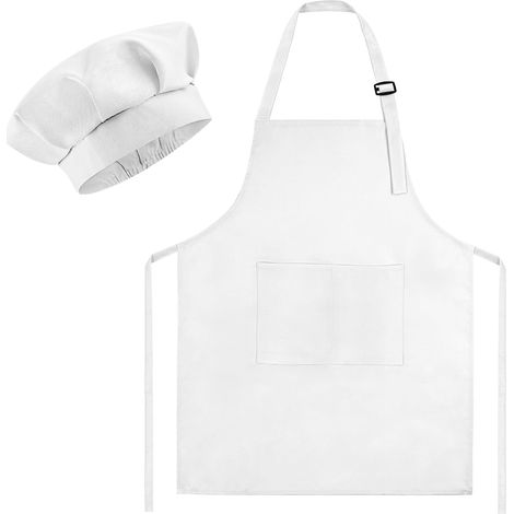 Ensemble toque et tablier de chef pour enfants, tablier blanc réglable et toque avec 2 grandes poches pour la cuisine, la peinture et la pâtisserie (1/5)