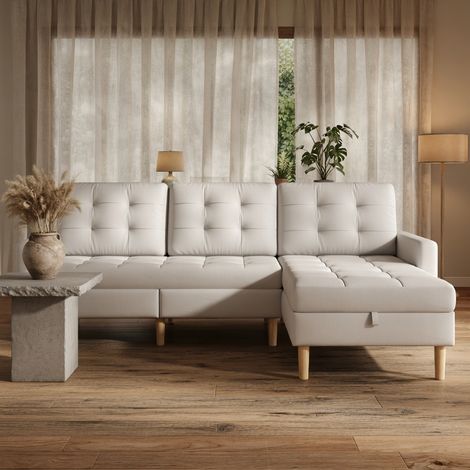 Canapé d'angle en L, convertible en chaise longue, revêtement en non-tissé, avec espace de rangement, beige (1/5)