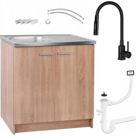 Meuble de Cuisine 80x50 - Chêne Sonoma - Ensemble Évier et Robinet Noir 2 en 1 - Économique et Pratique