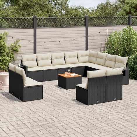 Ensemble Salon Jardin Modulaire Noir 13 Pièces avec Coussins - Résine Tressée, Table Acacia, Pliable  Meuble Extérieur Durable et Confortable (1/5)