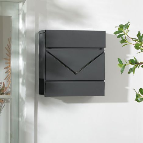 Boîte aux lettres murale en acier zingué anthracite 37x10.5x37cm avec porte-journaux intégré et 2 clés de sécurité anti-rouille design élégant (1/5)