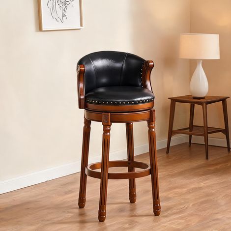 Tabouret de bar pivotant en cuir véritable et bois massif noir (1/5)