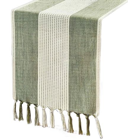 Chemin de table - 33 x 183 cm - Chemin de table style rustique - Vert - Coton et lin - Idéal pour décorer une table lors d'une fête ou d'un dîner - Décoration élégante à poser sur une nappe ou une ser