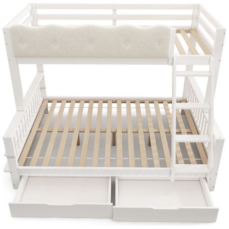 Lit superposé enfant 90x200 / 140x200 cm en bois blanc, garde-corps nuage, tiroirs et porte-revues, lit familial pour enfants et adultes, norme EN 747:2024, sans matelas (1/5)