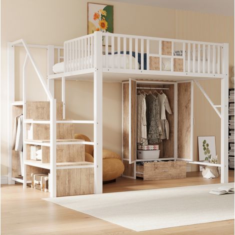 Cama alta 140x200 cm blanca de metal y MDF con armario y escalera de almacenaje (1/5)