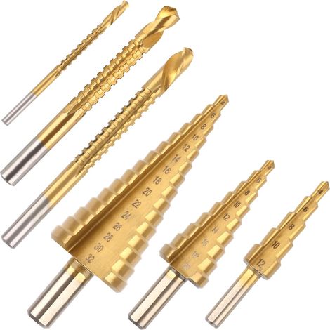 Brocas para metal (6 unidades), brocas escalonadas con vástago hexagonal, brocas helicoidales para acero, plástico y madera, bricolaje, Ø 4-32 mm, 4-20 mm y 4-12 mm