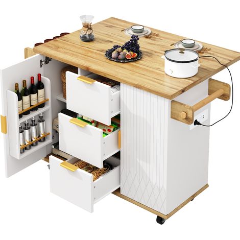 CHICFURN Isla de cocina móvil 134 x 46 x 88 cm en MDF y metal blanco con enchufe y ruedas (1/5)