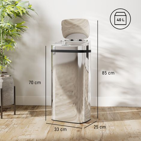 Poubelle à capteur avec ouverture et fermeture automatiques (capacité de 40 litres), dimensions : 33 x 25 x 70 cm, argent (1/5)