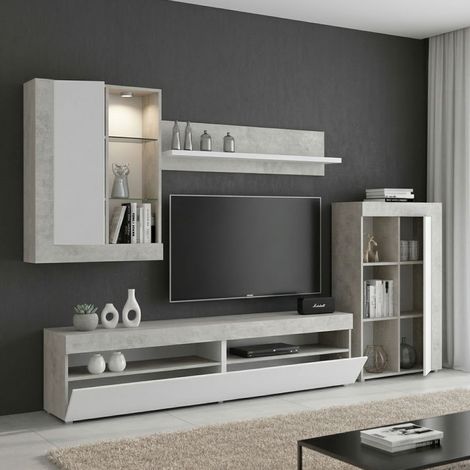Dmora - Wohnwand Beverin, Modulares Wohnzimmerset, Multipositions-Wohnzimmermöbel, 265x42h180 cm, Weiß und Zement (1/5)