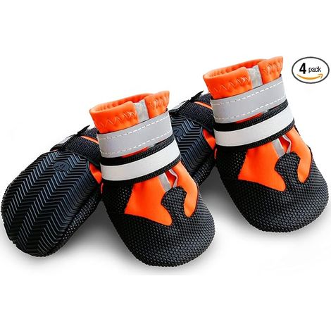 Bottes Chien, 4pcs Bottes de Protection pour Chien Imperméable, Chaussures de Chien Antidérapant avec Réfléchissantes Sécuritaires pour Chiens de Taille Petit Moyenne et Grande (S, Orange)