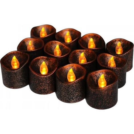 Lot de 12 lampes à thé LED sans flamme alimentées par batterie - style rétro - lumières jaunes clignotantes - pour Halloween, Thanksgiving, fête, famille (1/5)