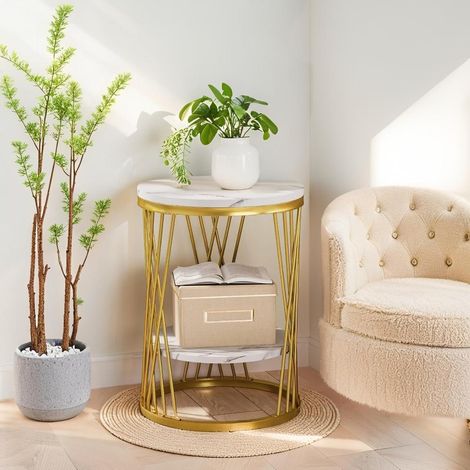 Moderner runder Beistelltisch mit Ablagen in Marmoroptik, 2-stöckiger Nachttisch, schmaler Couchtisch für Sofa, Schlafzimmer, Wohnzimmer, Weiß und Gold