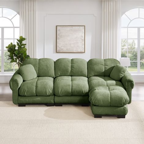 Canapé d’angle style nuage en L 260x149x90cm 3 places-pouf mobile-2 coussins-assise capitonnée-coussins épais-Chenille-Vert (1/5)