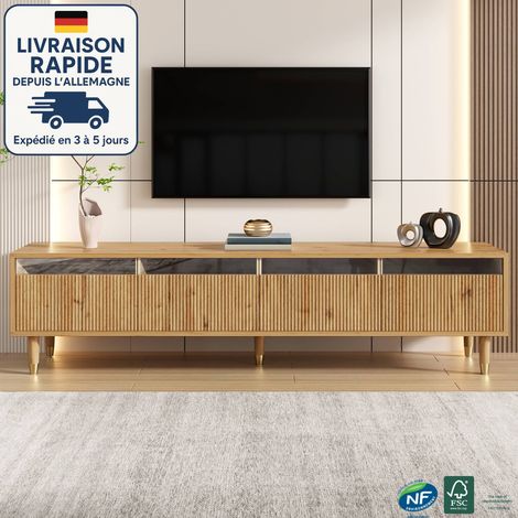Mueble TV 178 cm - con iluminación LED - almacenaje - Tapa de cajón en forma de onda - Diseño minimalista - 4 cajones - LED - Color madera (1/4)