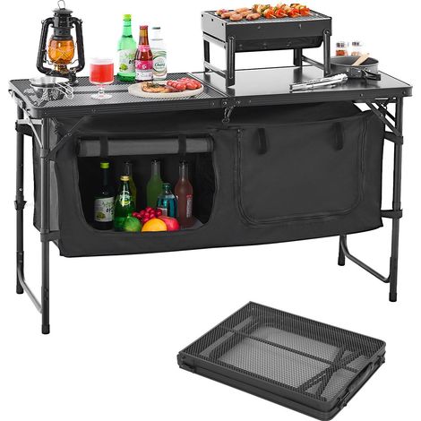 Table de cuisine de camping, 3 hauteurs réglables, table de cuisson extérieur pliante, portable et légère, en aluminium, avec organisateur de rangement, pour barbecue, pique-nique, voyage, noir (1/5)