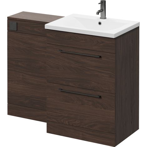 Napoli 460 Brown Oak 1100mm 2 Drawer Vanity Unit Toilet Suite with Glide Basin - 1100mm - Gunmetal Grey 320mm HandleWithout Kingston Toilet Pan