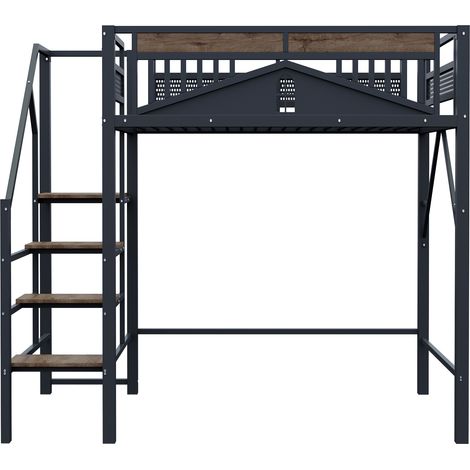 Cama alta de metal 140 x 200 cm negra con escalera de seguridad y espacio de almacenamiento (1/5)