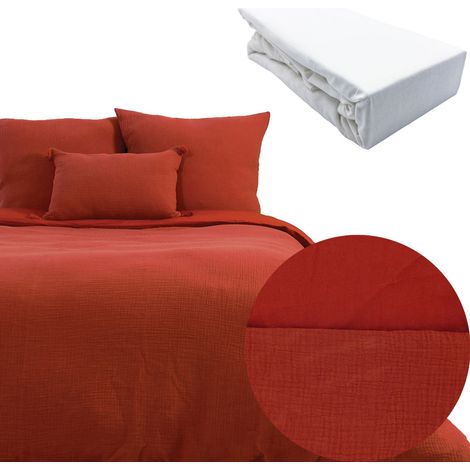 Parure 240x220 FABRIK gaze de coton OCRE + DH OBIO blanc 180x200 (1/4)