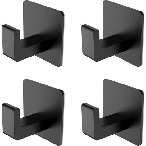 Set of 4 matte black aluminum alloy adhesive hooks - Towel rack, 5 kg max, waterproof, for bathroom, kitchen and office