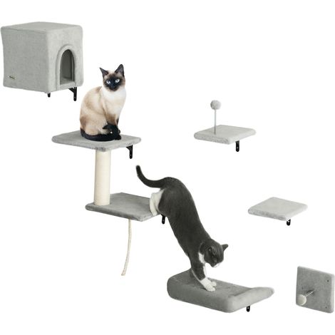 PawHut 6-Piece Cat Wall Furniture Set with Platforms Sisal Post Bed Toy Grey (1/5)