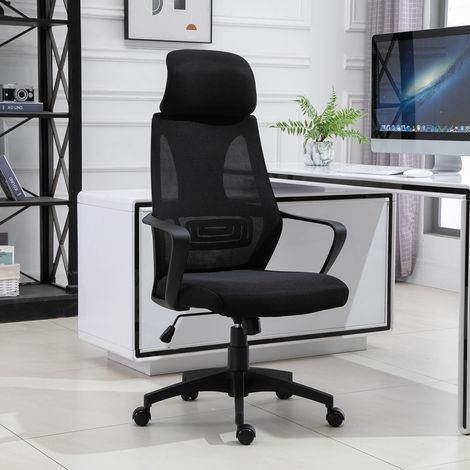 Sedia da ufficio regolabile con braccioli, poggiatesta e funzione di inclinazione, portata massima 120 kg, dimensioni 64x55x116-126 cm, colore nero. (1/5)