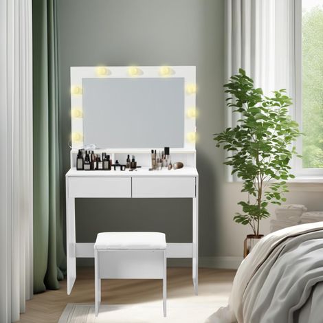 Coiffeuse Style Hollywoodien avec Miroir Lumineux, Table Maquillage à Rangement Tiroirs, Coiffeuses de Maquillage LED 3 Couleurs avec Tabouret de Chambre, Blanc Brillant, 80 x 40 x 140cm (1/5)