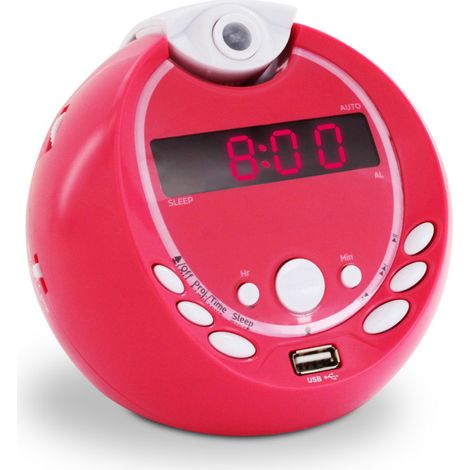 Radio-réveil FM projection double alarme avec port USB - rose (1/4)