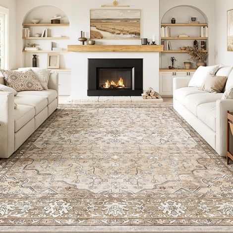 Tapis Beige Vintage 200 x 300 cm Velours Court Lavable en Machine, Bohème Antidérapant et Doux, pour Salon, Chambre, Salle à Manger, Bureau (1/5)