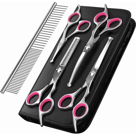 Hundepflegeschere, 5-teiliges Set mit Tierpflegewerkzeugen aus titanbeschichtetem Edelstahl, Effilierschere/gerade/gebogene Schere und Kamm, Pink..DEBUNS