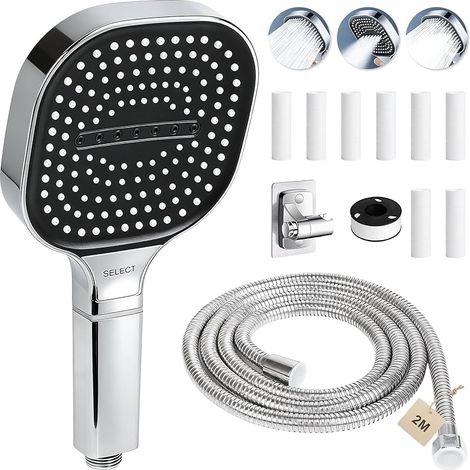 Pommeau de douche anti calcaire avec Tuyau 2m Pommeau de douche haute pression avec 3 modes douchette douche salle de bain pommeau douche Carré grand, 8 filtre, Support de Douche(argent)
