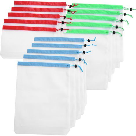 15 pièces 3 tailles Sacs Filet à Cordon Réutilisables Rangement Fruits Légumes Jouets (1/5)