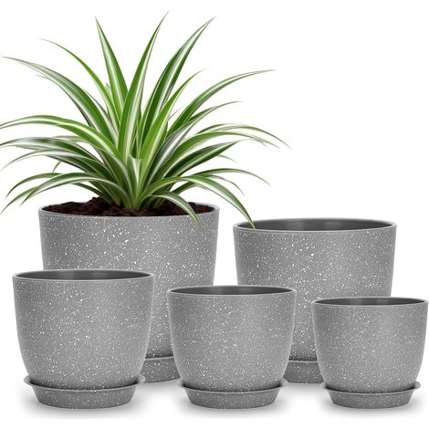 5 Pièces Pot de Fleur avec Soucoupes, 17.8/16/14/12.5/11.5 cm Pot Plante Plastique, Petit Cache Pot, pour Interieur Exterieur Jardin Succulentes Herbes-Gris Tacheté (1/5)