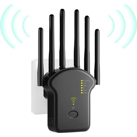 Repetidor WiFi, amplificador WiFi, potente repetidor WiFi de doble banda de 1200 Mbps (5 GHz y 2,4 GHz), amplificador WiFi, extensor WiFi con 6 antenas, puertos LAN/WAN, modo repetidor/router/punto de (1/5)