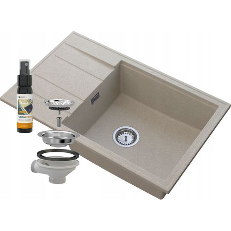 ÉVIER EN GRANIT BEIGE ÉGOUTTOIR SIPHON CHROME LOUIS (1/5)