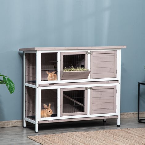 Conejera de Madera Exterior de 2 Niveles Jaula para 1-2 Conejos con Techo Abrible Comedero Bandejas Extraíbles Rampa y Puertas con Cerradura 122x50x101 cm Marrón (1/5)