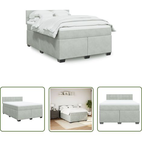 The Living Store Sommier à lattes de lit et matelas Gris clair 140x190cm Velours - Lit Double - Matelas À Ressorts Ensachés - Surmatelas - Literie - Chambre À Coucher (1/5)
